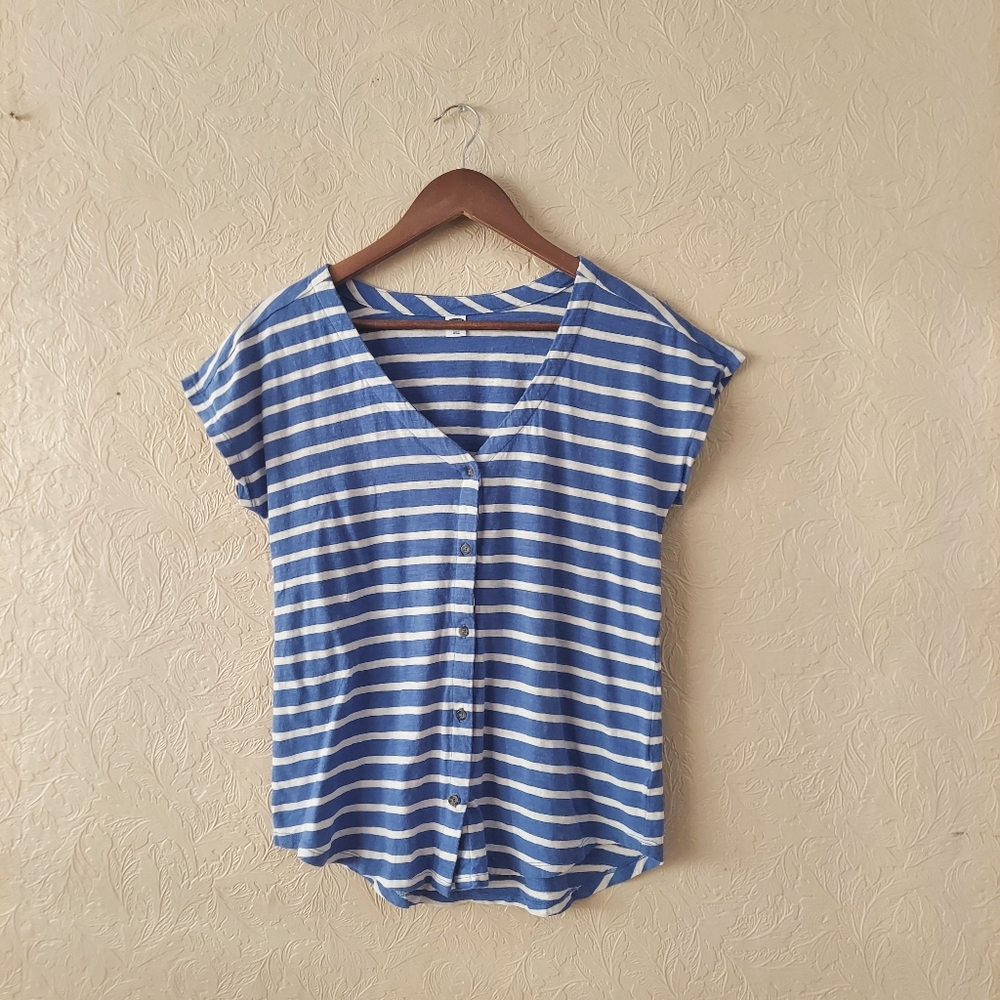 Old Navy 100% Cotton blue white striped short sleeve button front top Sz XS